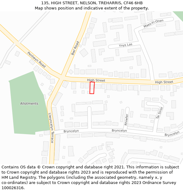 135, HIGH STREET, NELSON, TREHARRIS, CF46 6HB: Location map and indicative extent of plot