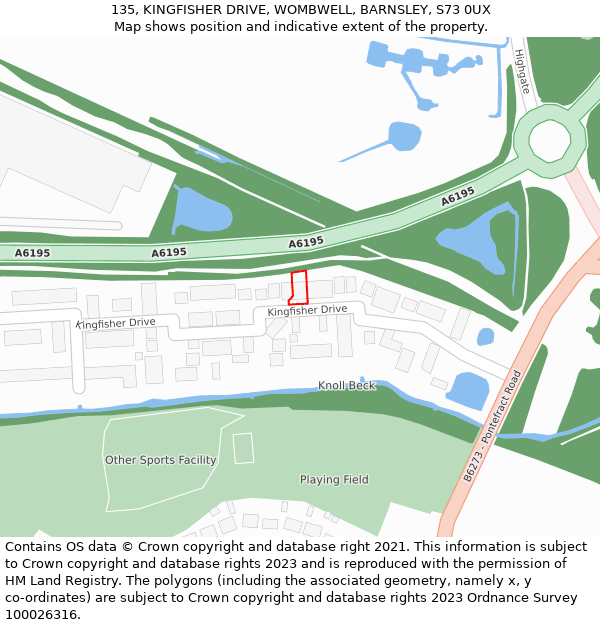 135, KINGFISHER DRIVE, WOMBWELL, BARNSLEY, S73 0UX: Location map and indicative extent of plot