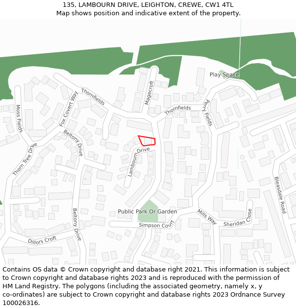 135, LAMBOURN DRIVE, LEIGHTON, CREWE, CW1 4TL: Location map and indicative extent of plot