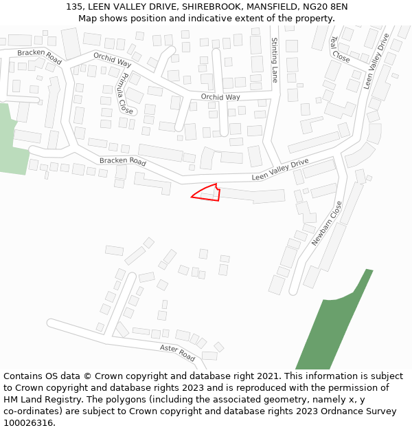 135, LEEN VALLEY DRIVE, SHIREBROOK, MANSFIELD, NG20 8EN: Location map and indicative extent of plot