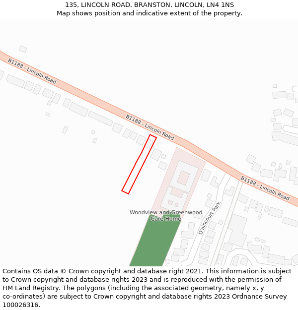 135, LINCOLN ROAD, BRANSTON, LINCOLN, LN4 1NS: Location map and indicative extent of plot