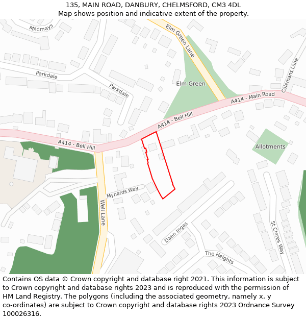 135, MAIN ROAD, DANBURY, CHELMSFORD, CM3 4DL: Location map and indicative extent of plot