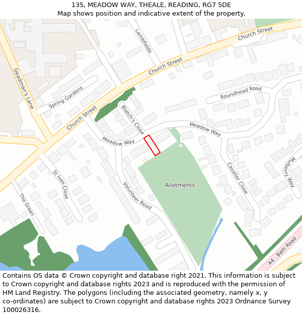 135, MEADOW WAY, THEALE, READING, RG7 5DE: Location map and indicative extent of plot