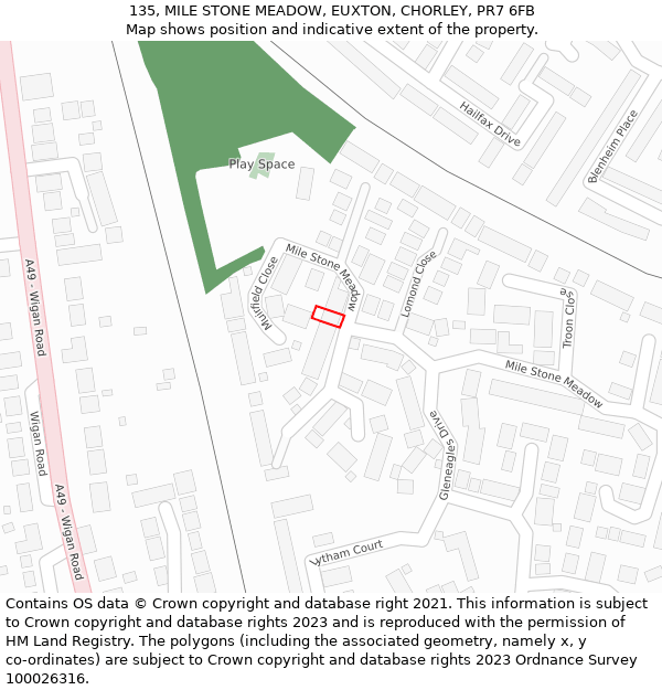 135, MILE STONE MEADOW, EUXTON, CHORLEY, PR7 6FB: Location map and indicative extent of plot