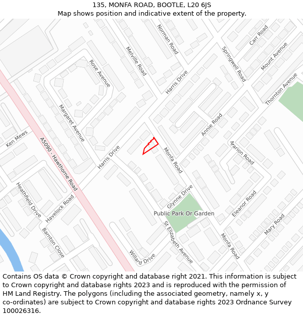 135, MONFA ROAD, BOOTLE, L20 6JS: Location map and indicative extent of plot