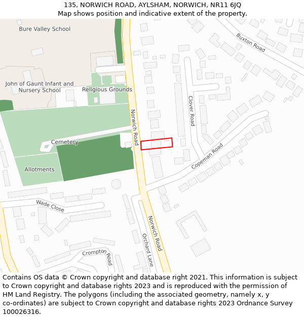 135, NORWICH ROAD, AYLSHAM, NORWICH, NR11 6JQ: Location map and indicative extent of plot