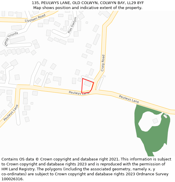 135, PEULWYS LANE, OLD COLWYN, COLWYN BAY, LL29 8YF: Location map and indicative extent of plot