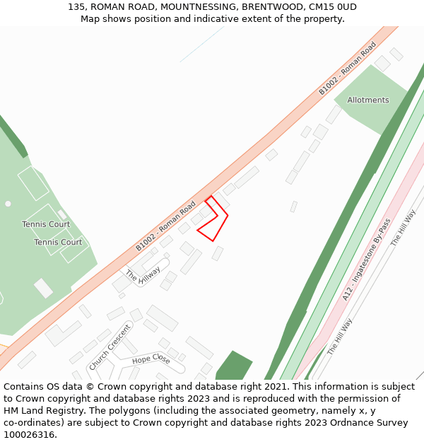 135, ROMAN ROAD, MOUNTNESSING, BRENTWOOD, CM15 0UD: Location map and indicative extent of plot