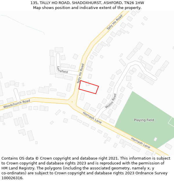 135, TALLY HO ROAD, SHADOXHURST, ASHFORD, TN26 1HW: Location map and indicative extent of plot