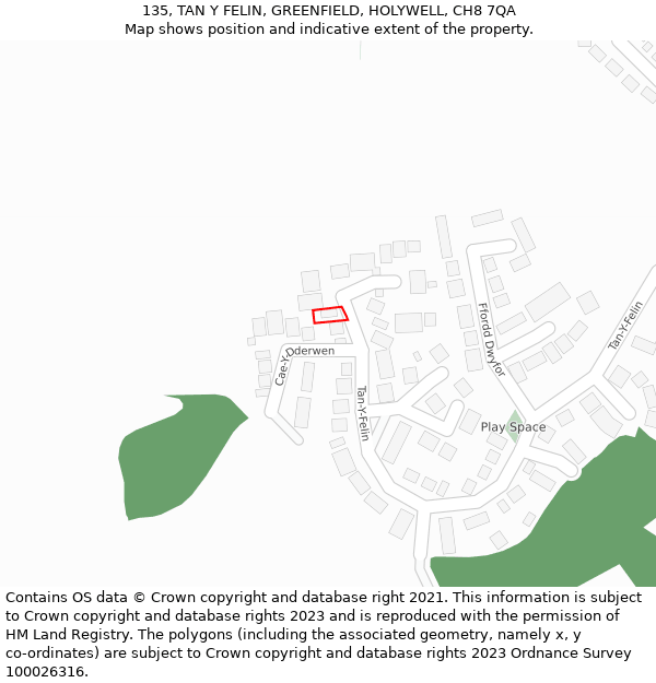 135, TAN Y FELIN, GREENFIELD, HOLYWELL, CH8 7QA: Location map and indicative extent of plot