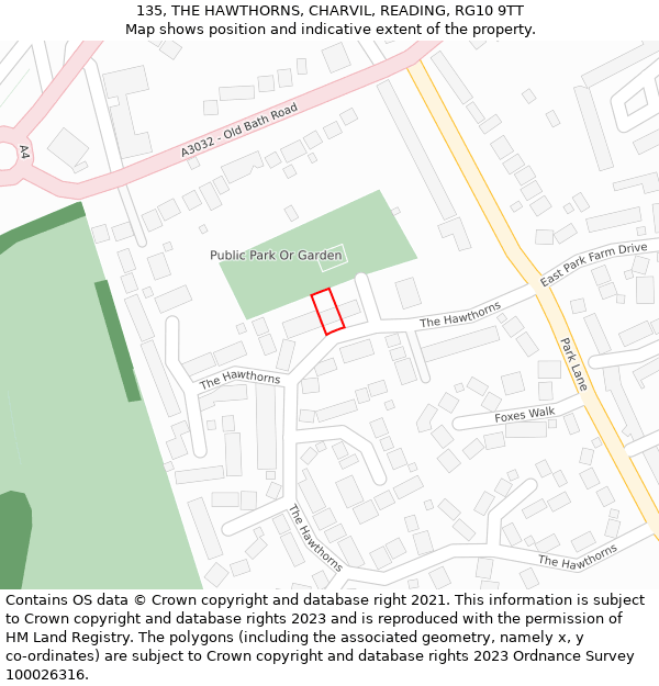 135, THE HAWTHORNS, CHARVIL, READING, RG10 9TT: Location map and indicative extent of plot
