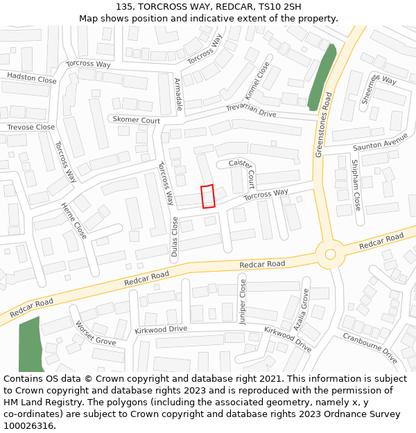 135, TORCROSS WAY, REDCAR, TS10 2SH: Location map and indicative extent of plot