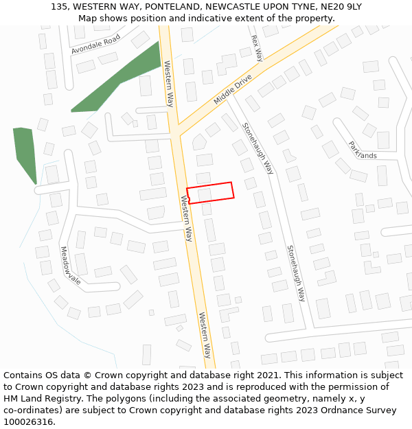 135, WESTERN WAY, PONTELAND, NEWCASTLE UPON TYNE, NE20 9LY: Location map and indicative extent of plot