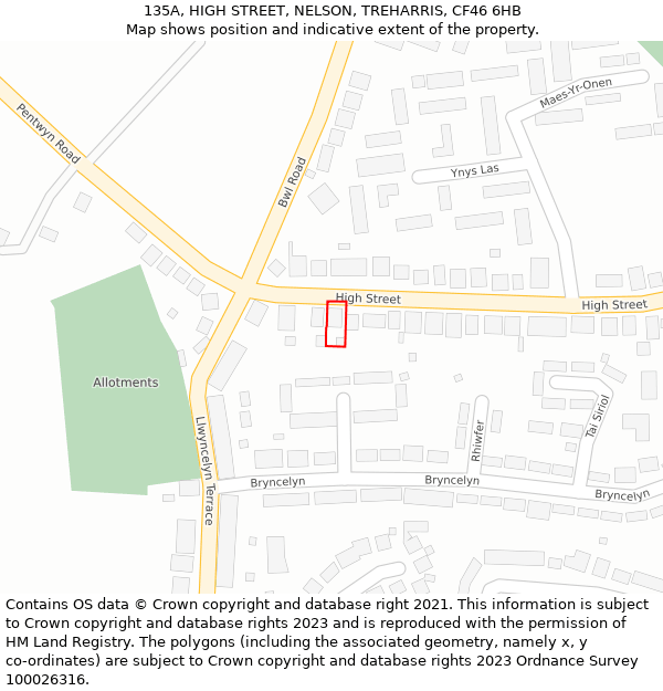 135A, HIGH STREET, NELSON, TREHARRIS, CF46 6HB: Location map and indicative extent of plot