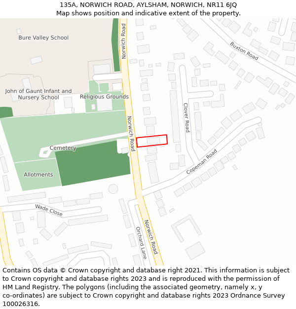 135A, NORWICH ROAD, AYLSHAM, NORWICH, NR11 6JQ: Location map and indicative extent of plot