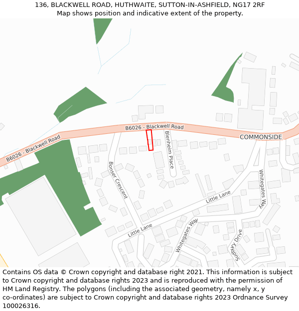136, BLACKWELL ROAD, HUTHWAITE, SUTTON-IN-ASHFIELD, NG17 2RF: Location map and indicative extent of plot