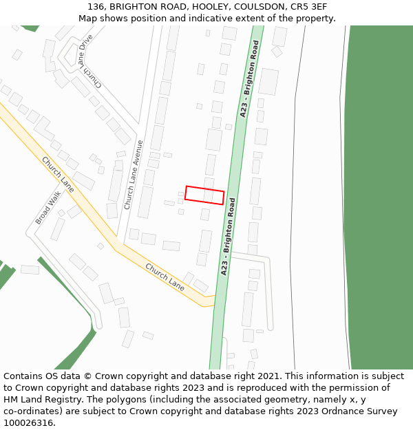 136, BRIGHTON ROAD, HOOLEY, COULSDON, CR5 3EF: Location map and indicative extent of plot