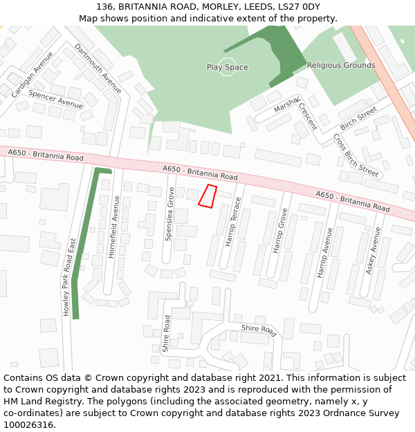 136, BRITANNIA ROAD, MORLEY, LEEDS, LS27 0DY: Location map and indicative extent of plot
