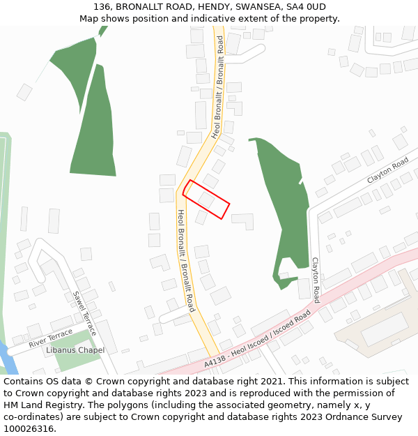 136, BRONALLT ROAD, HENDY, SWANSEA, SA4 0UD: Location map and indicative extent of plot