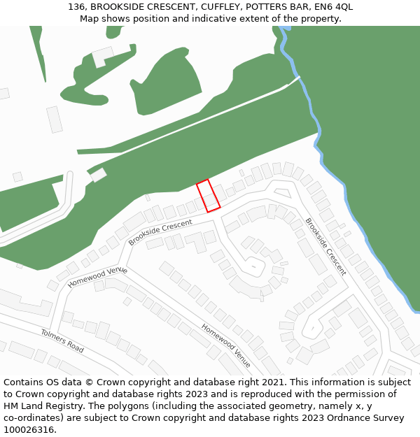 136, BROOKSIDE CRESCENT, CUFFLEY, POTTERS BAR, EN6 4QL: Location map and indicative extent of plot