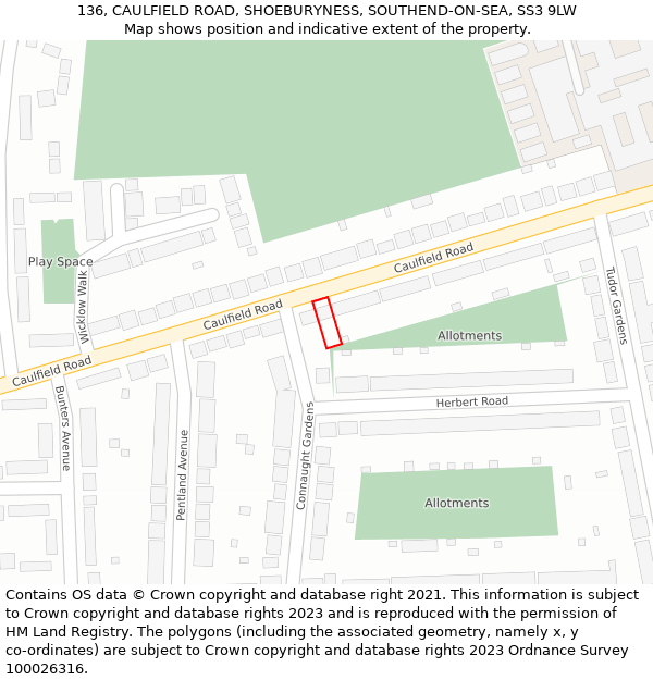 136, CAULFIELD ROAD, SHOEBURYNESS, SOUTHEND-ON-SEA, SS3 9LW: Location map and indicative extent of plot