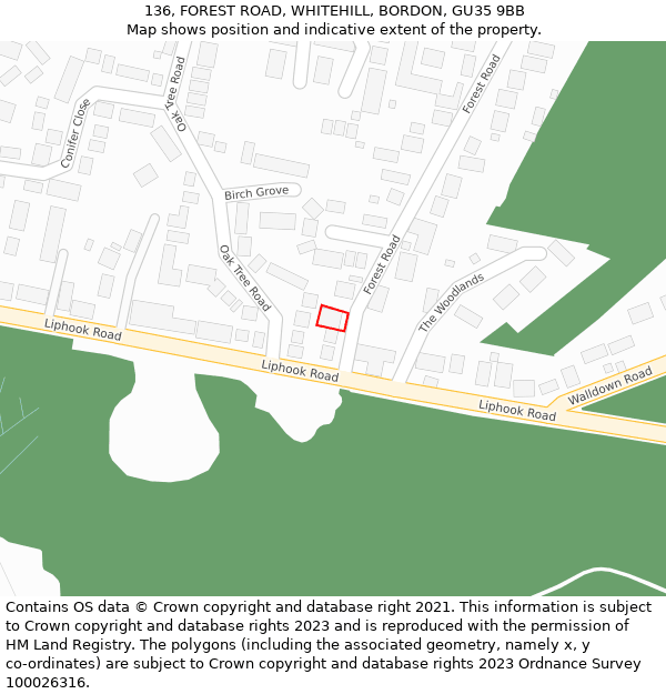 136, FOREST ROAD, WHITEHILL, BORDON, GU35 9BB: Location map and indicative extent of plot