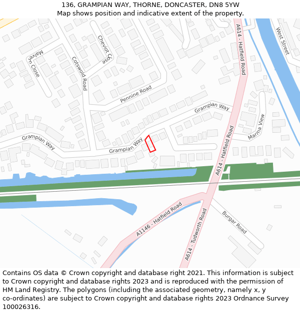 136, GRAMPIAN WAY, THORNE, DONCASTER, DN8 5YW: Location map and indicative extent of plot