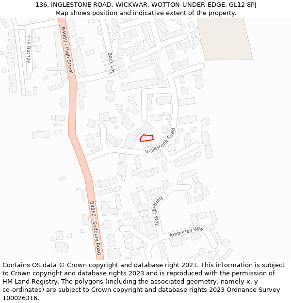 136, INGLESTONE ROAD, WICKWAR, WOTTON-UNDER-EDGE, GL12 8PJ: Location map and indicative extent of plot