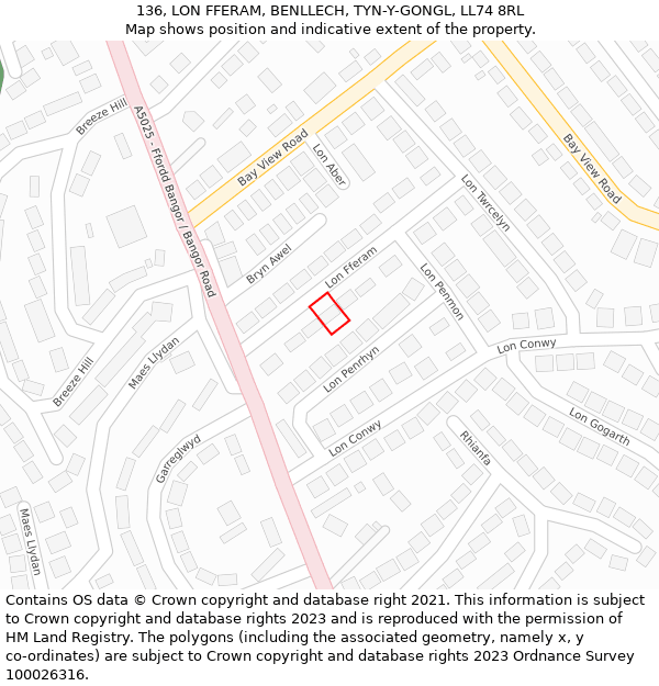 136, LON FFERAM, BENLLECH, TYN-Y-GONGL, LL74 8RL: Location map and indicative extent of plot