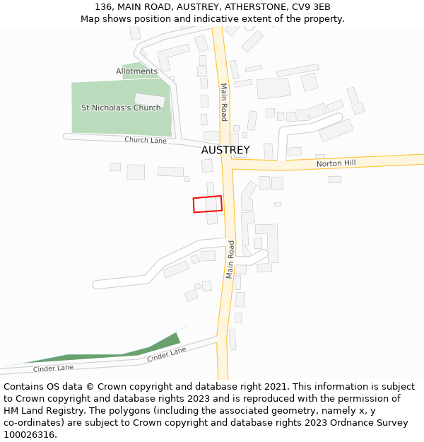 136, MAIN ROAD, AUSTREY, ATHERSTONE, CV9 3EB: Location map and indicative extent of plot