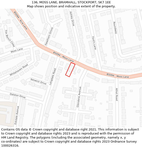 136, MOSS LANE, BRAMHALL, STOCKPORT, SK7 1EE: Location map and indicative extent of plot