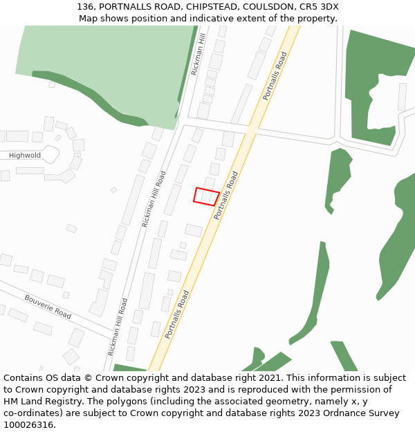 136, PORTNALLS ROAD, CHIPSTEAD, COULSDON, CR5 3DX: Location map and indicative extent of plot