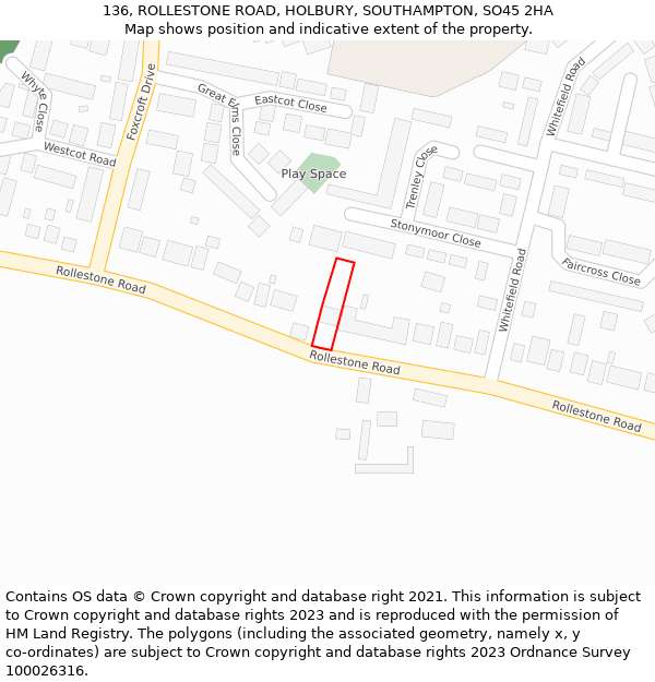 136, ROLLESTONE ROAD, HOLBURY, SOUTHAMPTON, SO45 2HA: Location map and indicative extent of plot