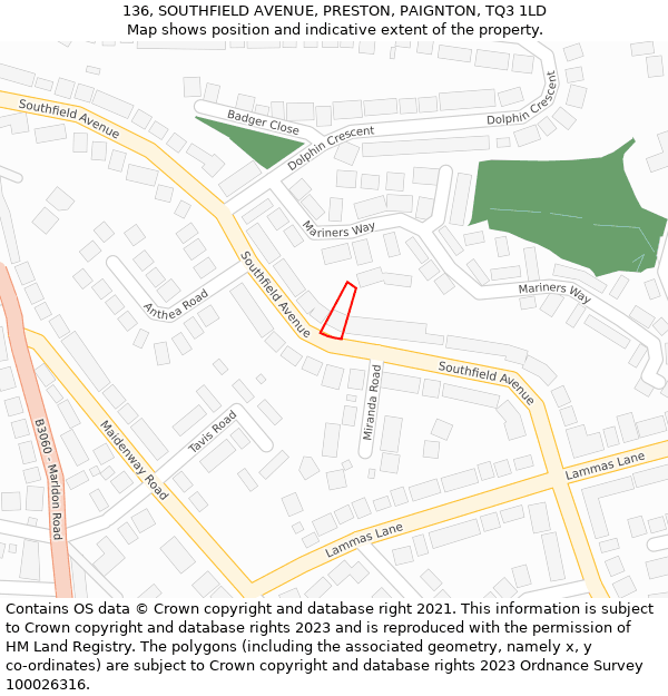 136, SOUTHFIELD AVENUE, PRESTON, PAIGNTON, TQ3 1LD: Location map and indicative extent of plot