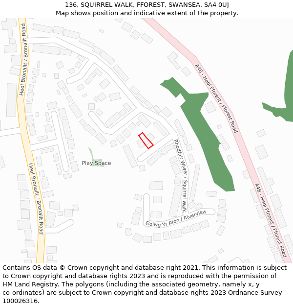 136, SQUIRREL WALK, FFOREST, SWANSEA, SA4 0UJ: Location map and indicative extent of plot