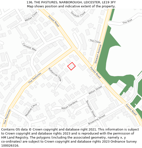 136, THE PASTURES, NARBOROUGH, LEICESTER, LE19 3FY: Location map and indicative extent of plot