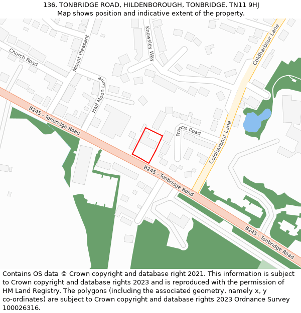 136, TONBRIDGE ROAD, HILDENBOROUGH, TONBRIDGE, TN11 9HJ: Location map and indicative extent of plot