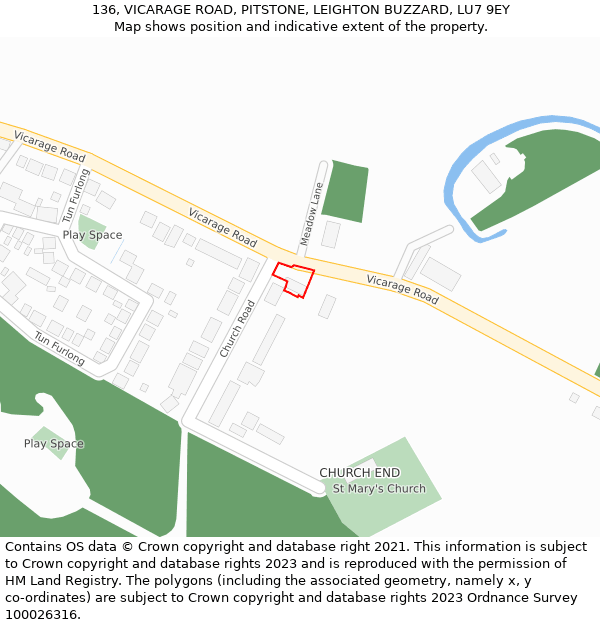 136, VICARAGE ROAD, PITSTONE, LEIGHTON BUZZARD, LU7 9EY: Location map and indicative extent of plot