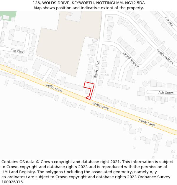 136, WOLDS DRIVE, KEYWORTH, NOTTINGHAM, NG12 5DA: Location map and indicative extent of plot