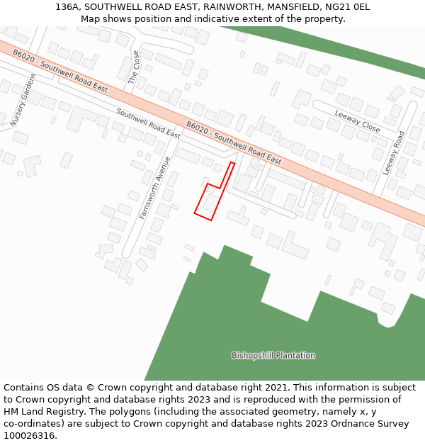 136A, SOUTHWELL ROAD EAST, RAINWORTH, MANSFIELD, NG21 0EL: Location map and indicative extent of plot