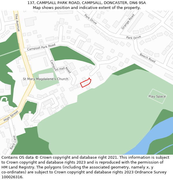 137, CAMPSALL PARK ROAD, CAMPSALL, DONCASTER, DN6 9SA: Location map and indicative extent of plot