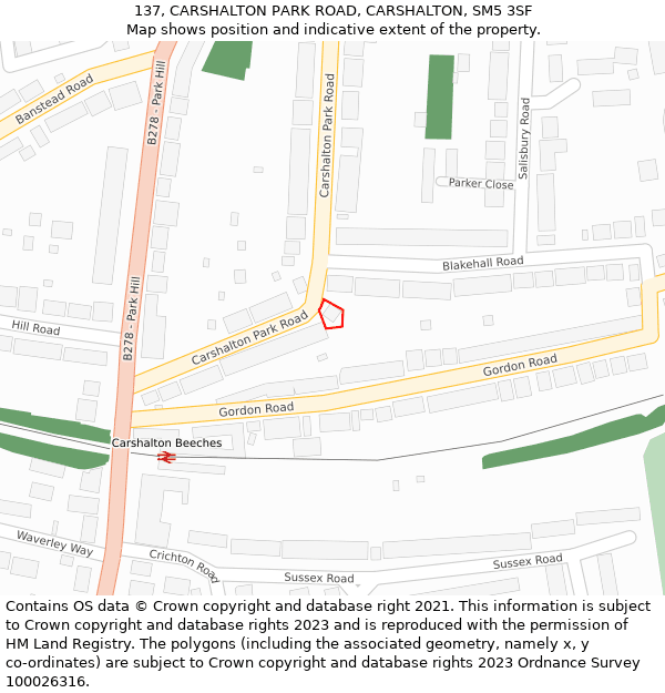 137, CARSHALTON PARK ROAD, CARSHALTON, SM5 3SF: Location map and indicative extent of plot