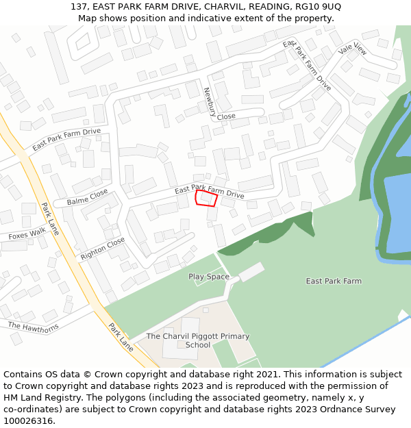 137, EAST PARK FARM DRIVE, CHARVIL, READING, RG10 9UQ: Location map and indicative extent of plot