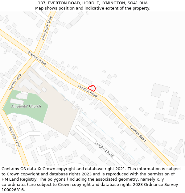 137, EVERTON ROAD, HORDLE, LYMINGTON, SO41 0HA: Location map and indicative extent of plot