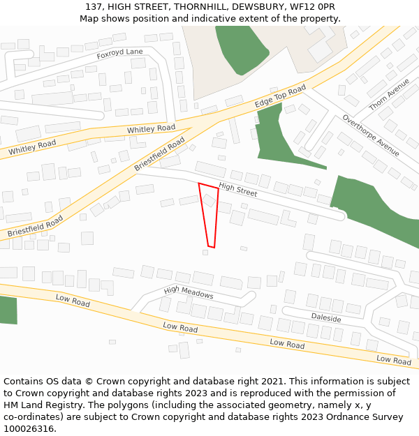 137, HIGH STREET, THORNHILL, DEWSBURY, WF12 0PR: Location map and indicative extent of plot