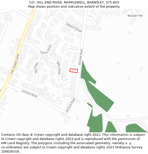 137, HILL END ROAD, MAPPLEWELL, BARNSLEY, S75 6DX: Location map and indicative extent of plot