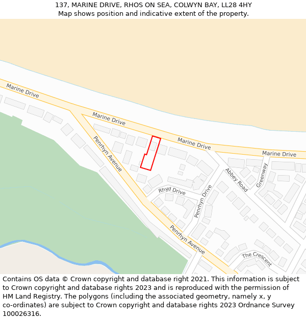 137, MARINE DRIVE, RHOS ON SEA, COLWYN BAY, LL28 4HY: Location map and indicative extent of plot