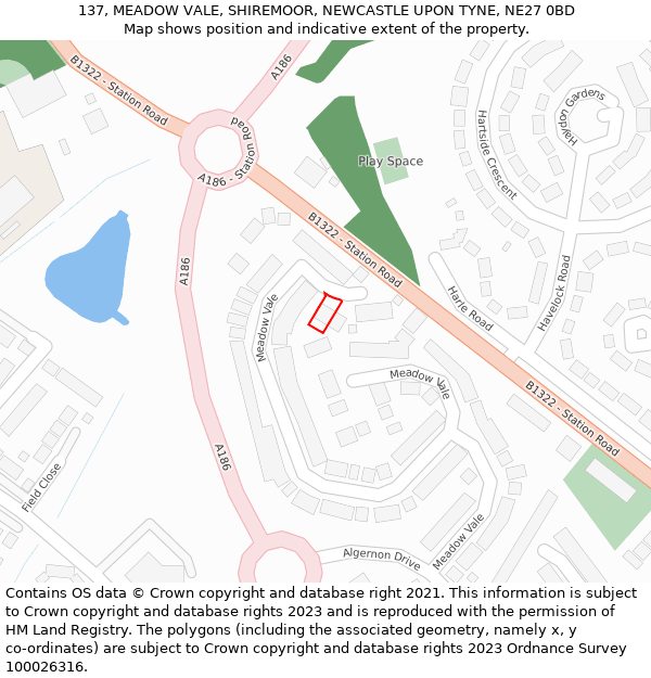 137, MEADOW VALE, SHIREMOOR, NEWCASTLE UPON TYNE, NE27 0BD: Location map and indicative extent of plot