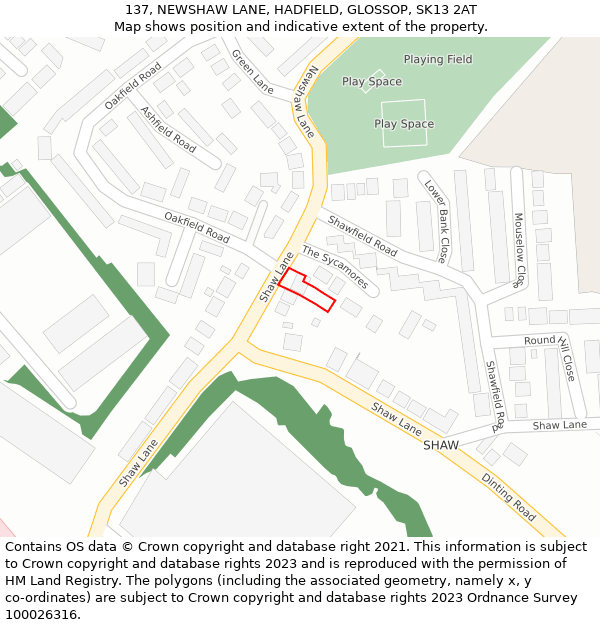 137, NEWSHAW LANE, HADFIELD, GLOSSOP, SK13 2AT: Location map and indicative extent of plot