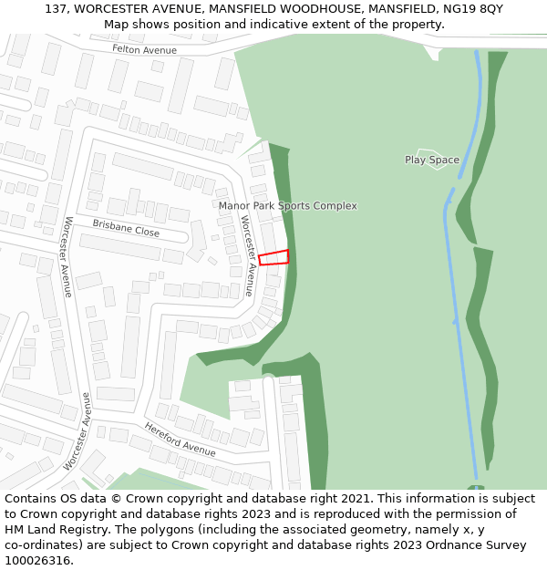 137, WORCESTER AVENUE, MANSFIELD WOODHOUSE, MANSFIELD, NG19 8QY: Location map and indicative extent of plot